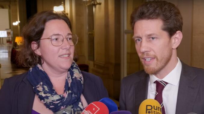 Cyrielle Chatelain, députée écologiste et social et présidente du groupe écologiste à l'Assemblée nationale, et Jérémie Iordanoff, député écologiste et social et vice-président de l'Assemblée nationale, le 22/10/2024 ©PurePolitique